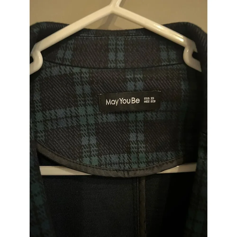 XS Blazer Jacket Blue Green Preppy Plaid Pockets Lapel Collar Button Long Sleeve
